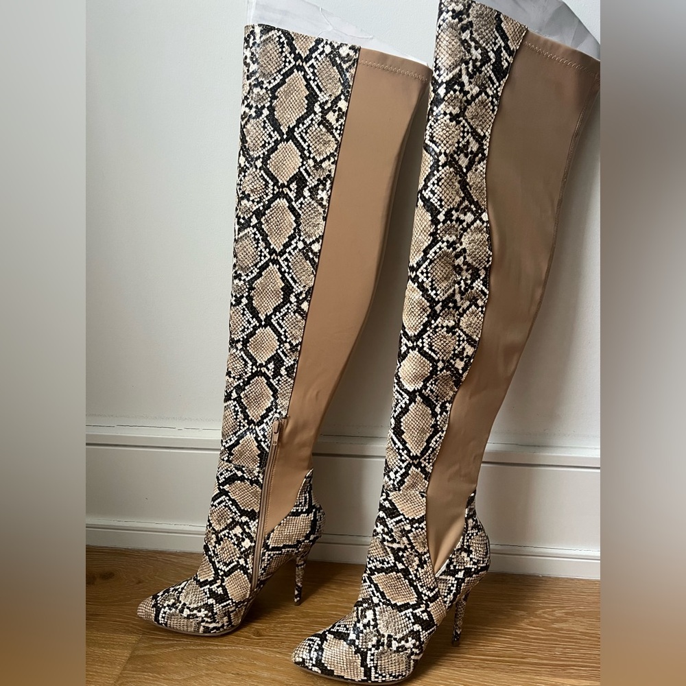 Fashion Nova Snakeskin and Tan Over-the-Knee Boots